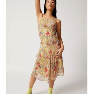 Urban Outfitters Vicky Yellow Leopard Cascade Flounce Midi Dress Size Medium NWT